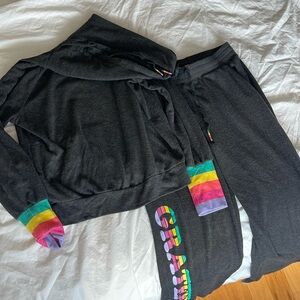 PJ Salvage Grateful long sleeve hoodie pajama set with rainbow detail.